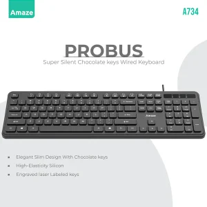 A734 Probus Super Silent Chocolate Keys Wired Keyboard – Black – BIS